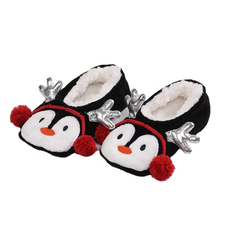 Spring Elk Christmas Coral Fleece 3D Design Penguin Winter Slides House Plush Slippers For Kids And Women