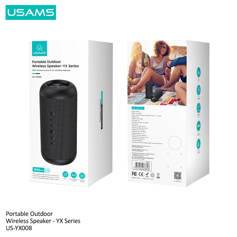 USAMS Portable Outdoor IPX6 Waterproof BT 5.0 Loudspeaker Active Deep Bass Stereo Wireless Speaker