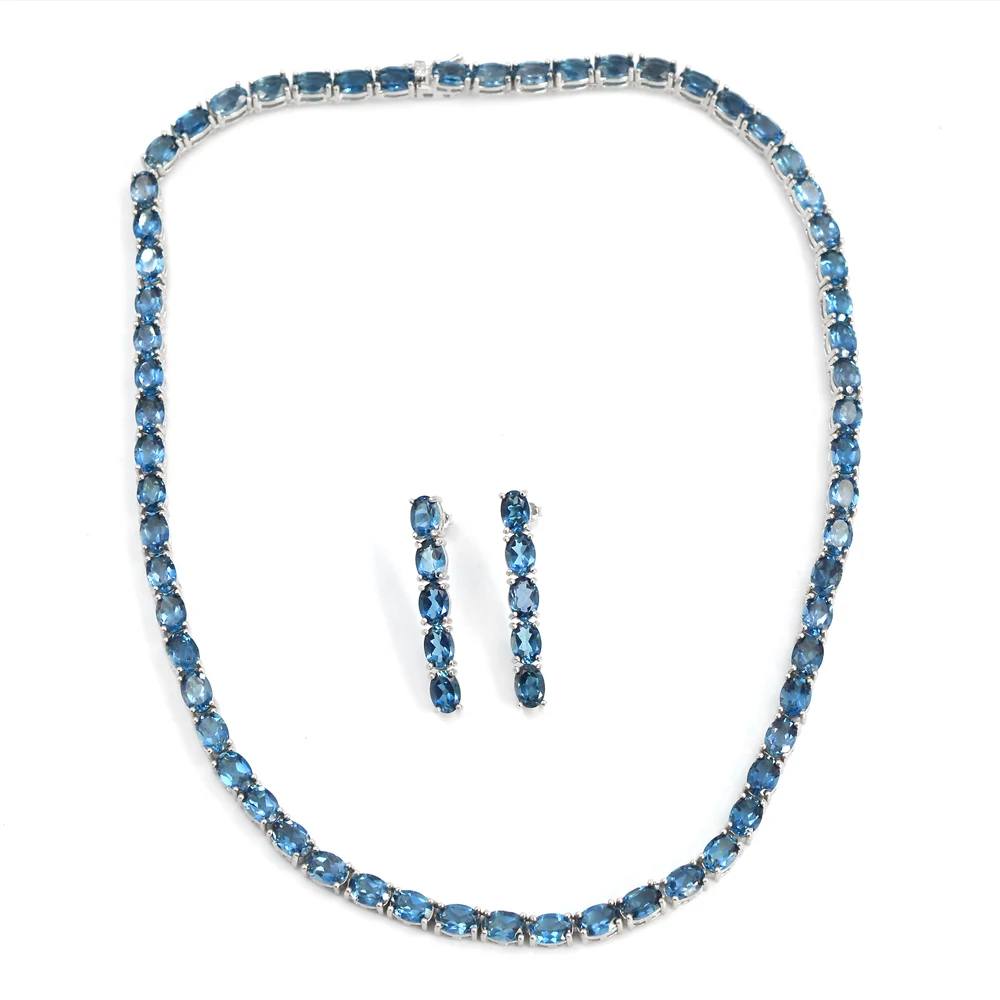 Natural London Blue Topaz 7x5 MM Gemstone 925 Solid Silver For Women Jewelry Tennis Necklace Earring Set By Jaipur Wholesaler