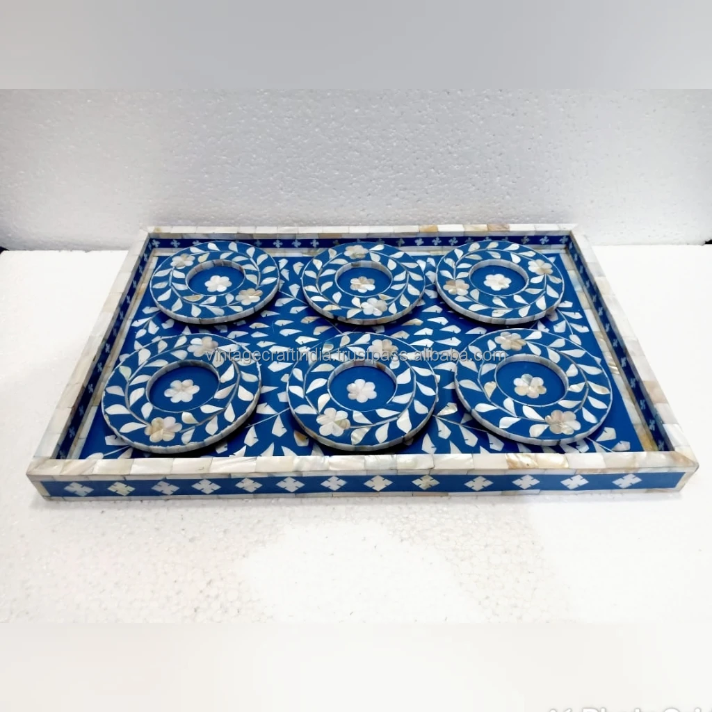 
MOTHER OF PEARL INLAY SERVING TRAY SET 