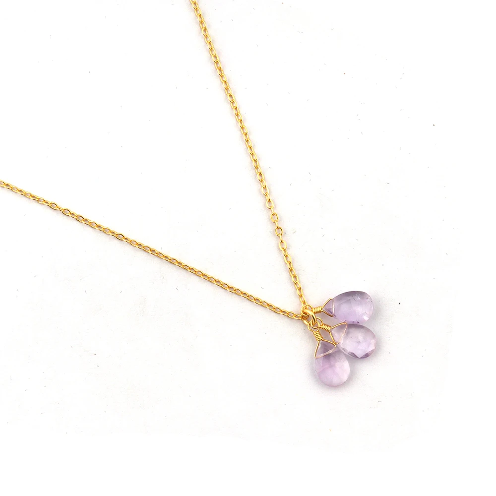 Handmade Wholesale Necklaces For Women | Purple Amethyst Pear Shape Necklace | Brass Gold Plated Wire Sett Gems Jewellery. N-544