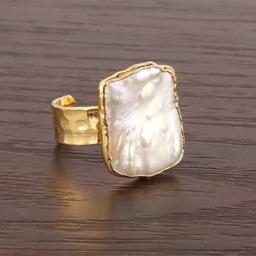 Natural freshwater white biwa pearl high polish ring gold plated ring hammered finish band adjustable ring jewelry supplies