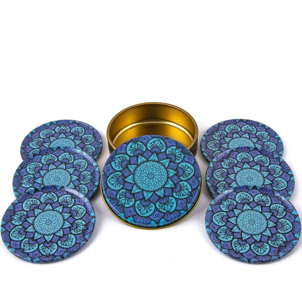 BLUE - TURQUOISE MANDALA DESIGNED  AND BOXED  SIX METAL TEA COASTER - MAT FROM TURKEY
