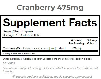 Cranberry 475mg Capsules Premium Quality Bottle Bulk 60ct US Made GMPc OEM Private Label Dietary Supplement