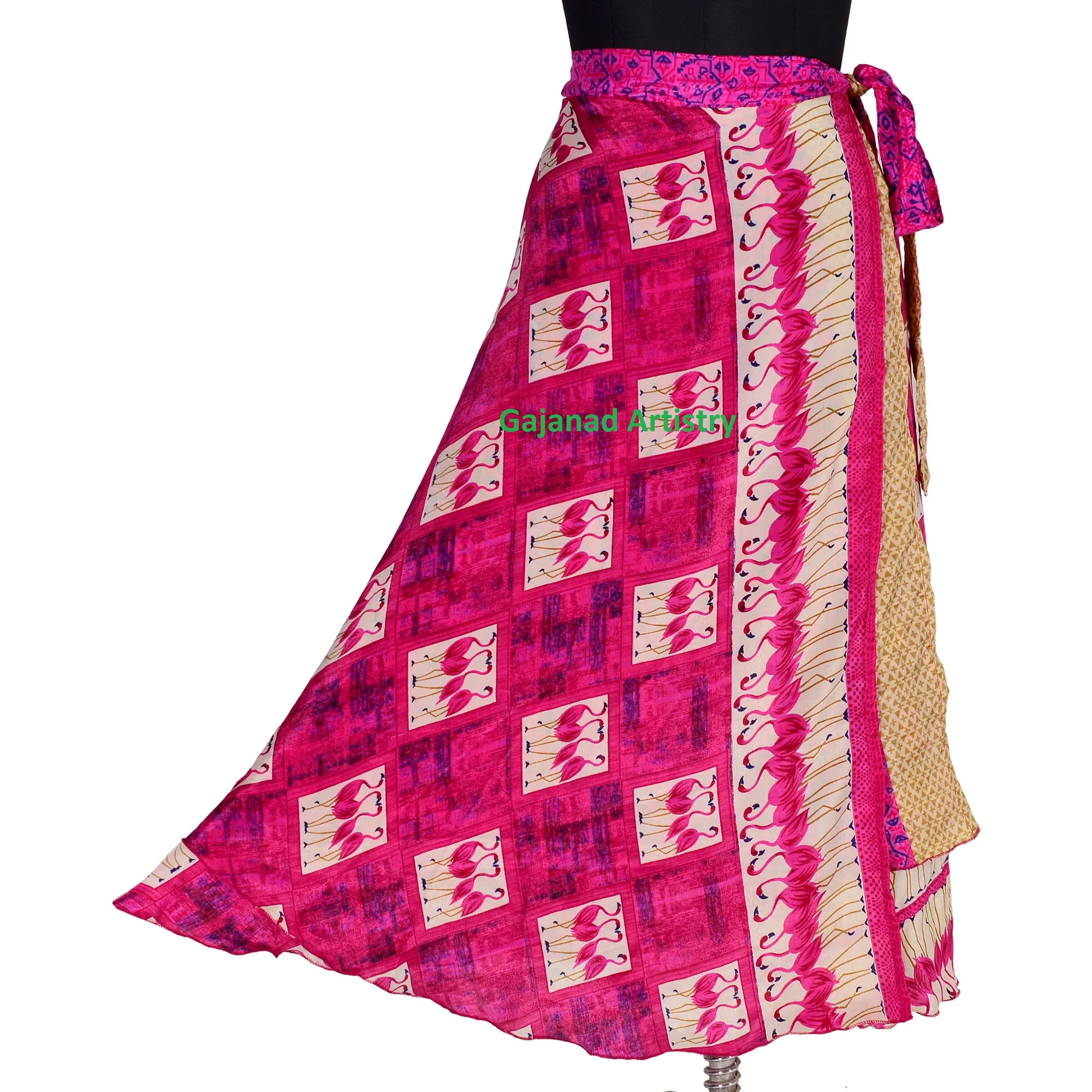 Vintage Silk Skirt Bohemian Wrap Summer Long Maxi Skirt Hippie Beach Women Gypsy Sari Floral Girls Skirts