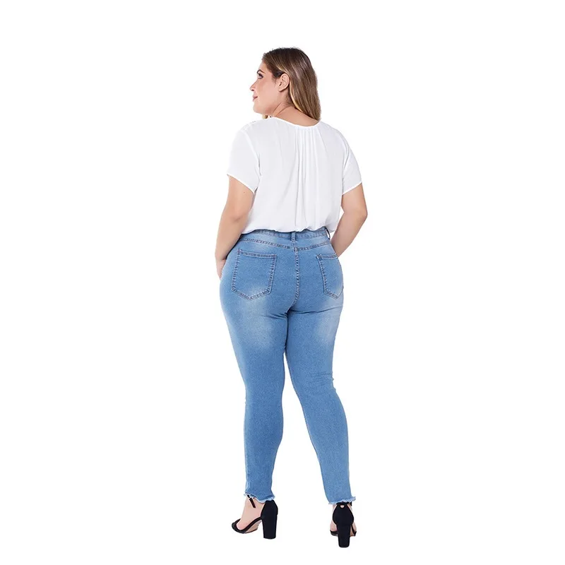 Womens Oversized Fashion High Stretch Holes Jeans Skinny Denim Trousers