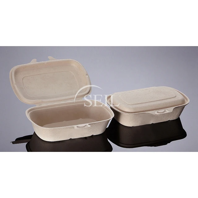 
Sugarcane Bagasse Hinged Container / Biodegradable Pulp Container / Takeaway Food Recycled Paper Lunch Box 