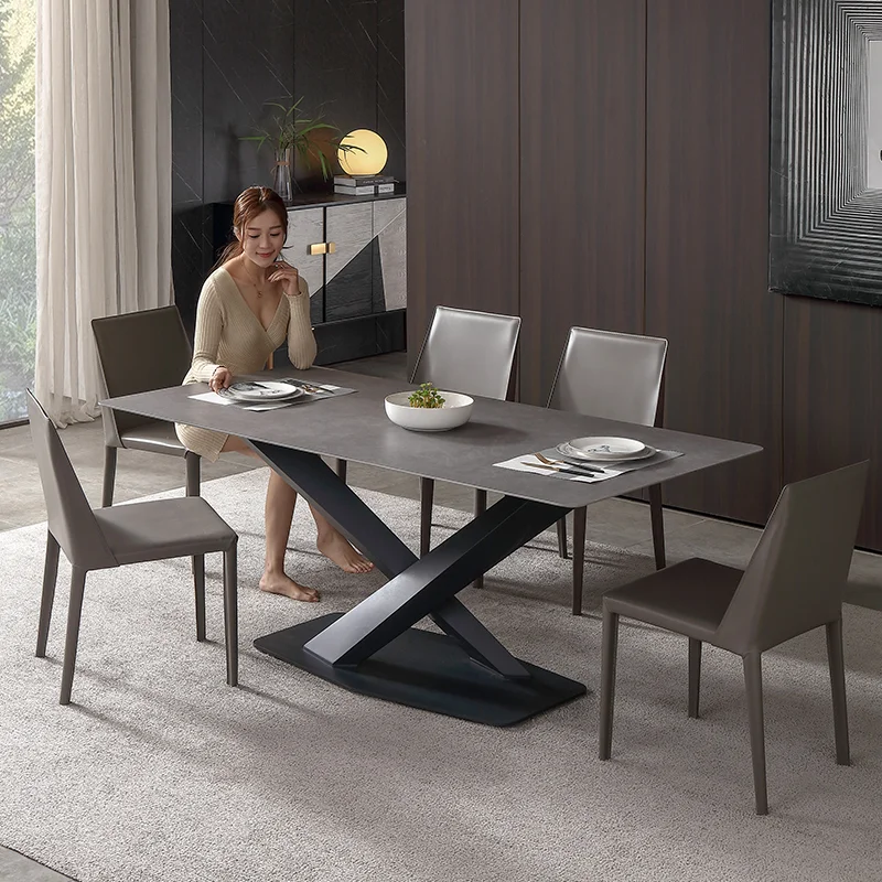 Rectangular Folded Sintered Stone Black Metal Frame Auto Liftup Center Opening Extension Home Furniture Dining Table
