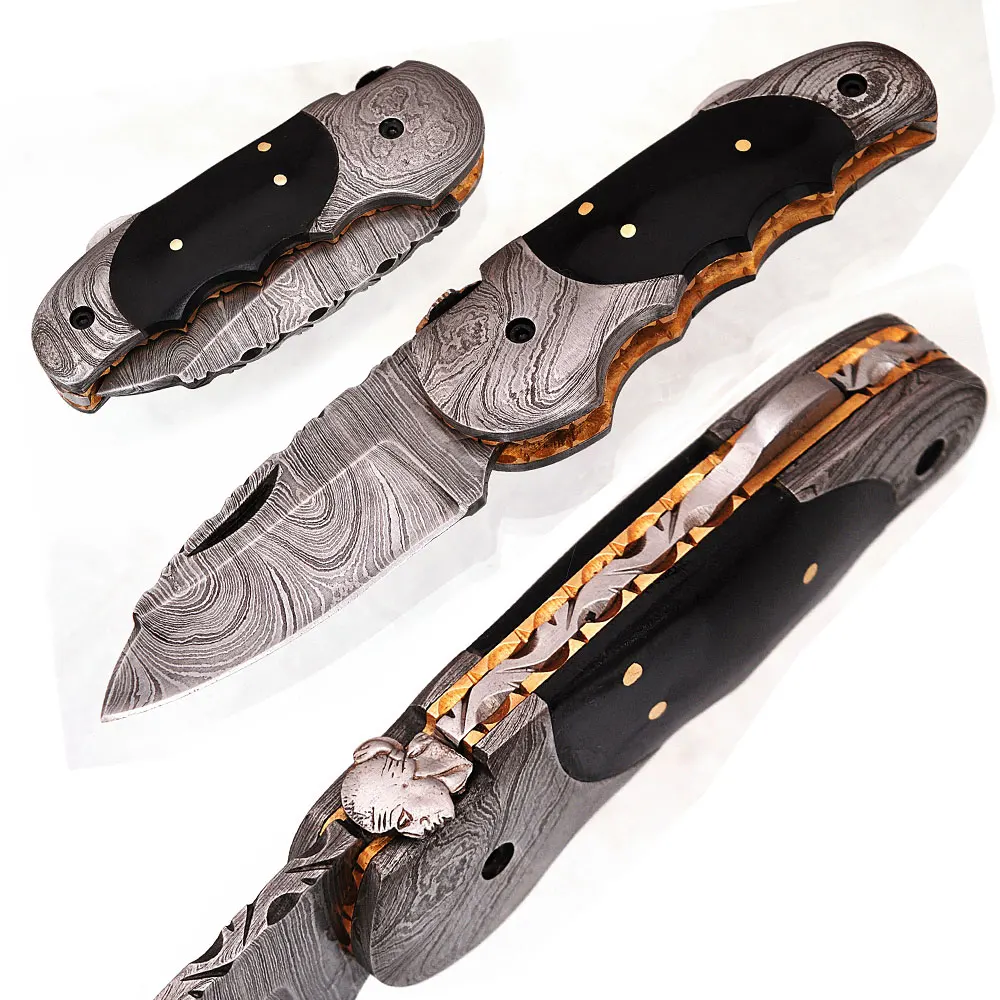 
Hand made Damascus Steel Custom Design Folding Knive/ Pocket Knife with Camel bone, Color wood and Black Buffalo Horn handle 