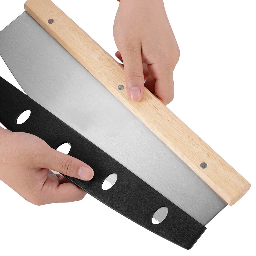 Advertising Custom Logo Blade Wood Handle Knife Slicer Stainless Steel Pizza Cutter Rocker