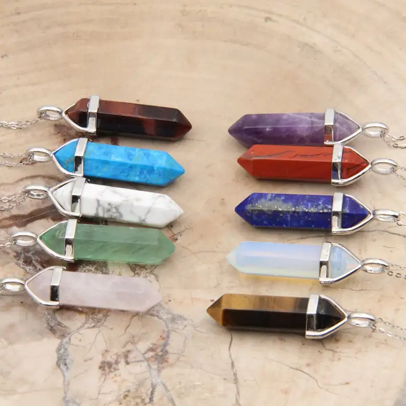 BEAUTIFUL ALL GEMSTONE PENCIL PENDANTS / NATURAL HEALING CRYSTAL DOUBLE TERMINATED POINT PENDANT / GOLDEN- SILVER CHAIN PENDANTS