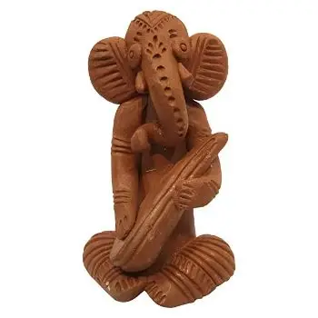 
Indian Traditional and Modern art Hand Painted Clay Red Antique Veena Religious Ganesha Statue 