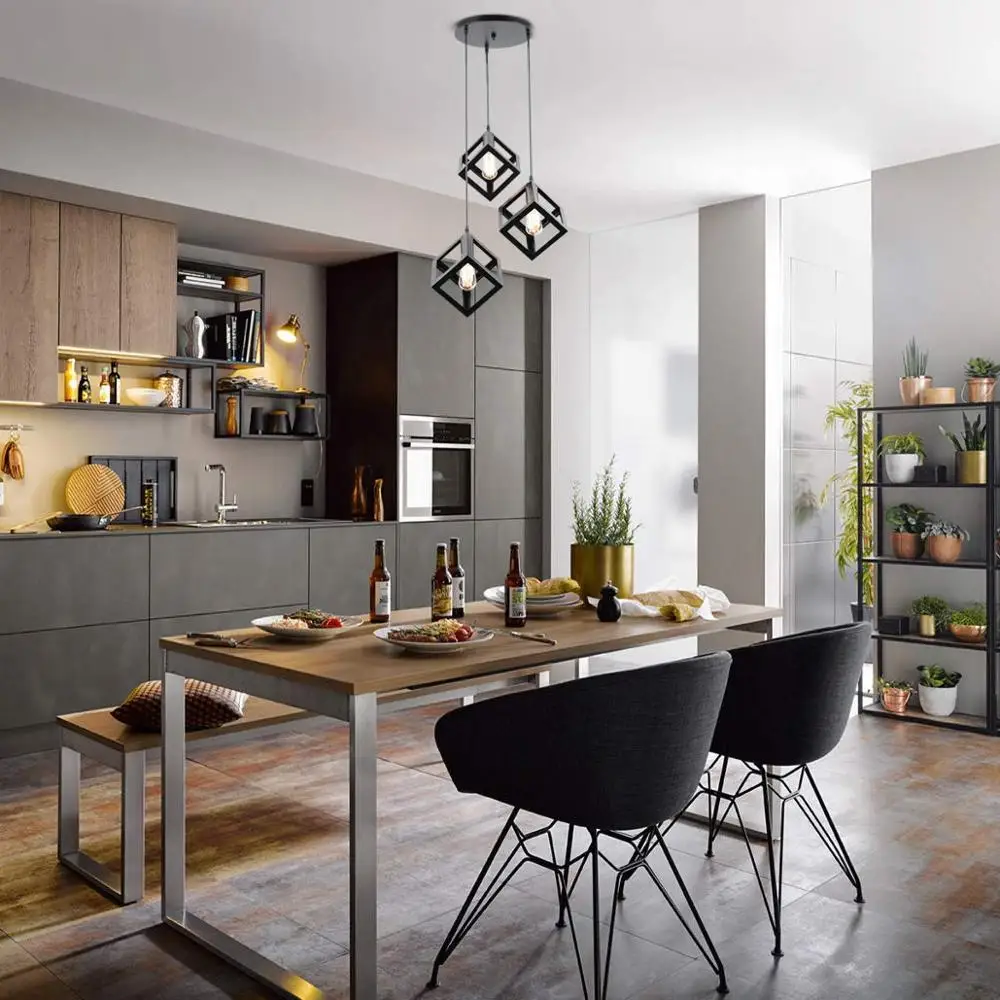 Black Metal Square Shade Industrial 3-Light Pendant Lighting