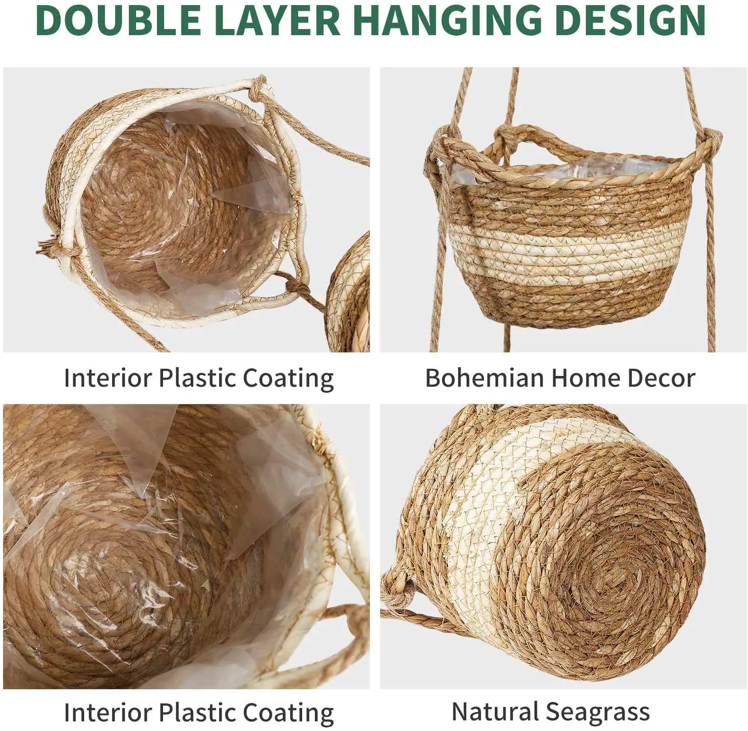 Seagrass Hanging Planters Basket Indoor Two Layers Flower Pot Storage Organizer with Waterproof Plastic Liner