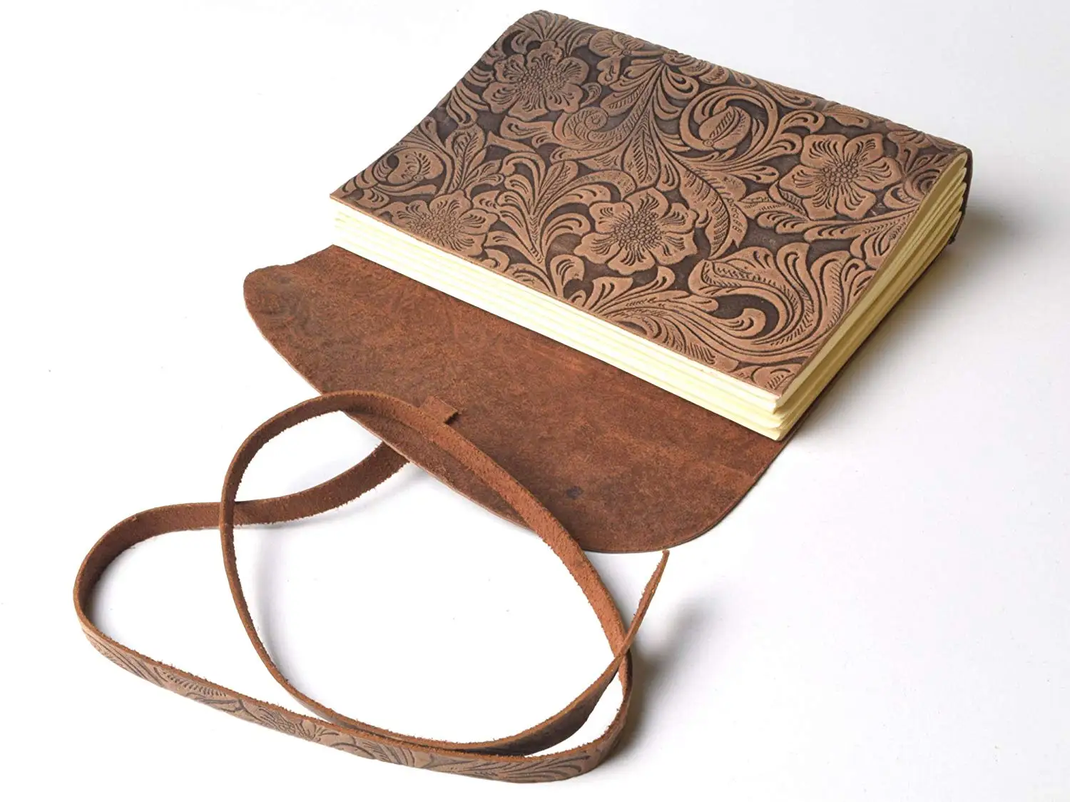 Unique leather diary, Brown antique handmade paper leather bound notepad ,flower printed for Men and Women