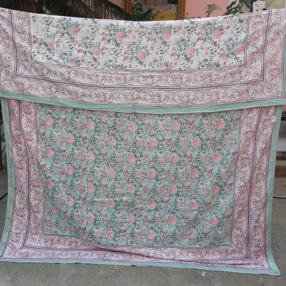 Hand Block Printed Breathable Cotton Fabric Queen Quilt With Two Pillow Cover, Floral Printed Quilt, Blanket, Dohar