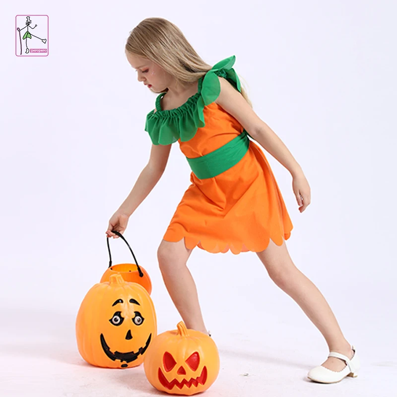 Factory price sweet pumpkin girl costume fancy dress halloween witch costume for kids fairy witch costume