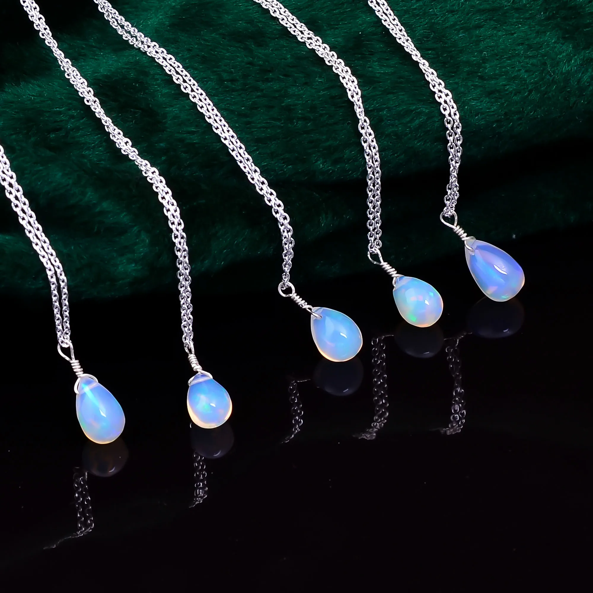 925 Sterling Silver Women  Natural Opal Gemstone Tear Drops Crystals Pendant Necklace Healing Crystals Birthstone