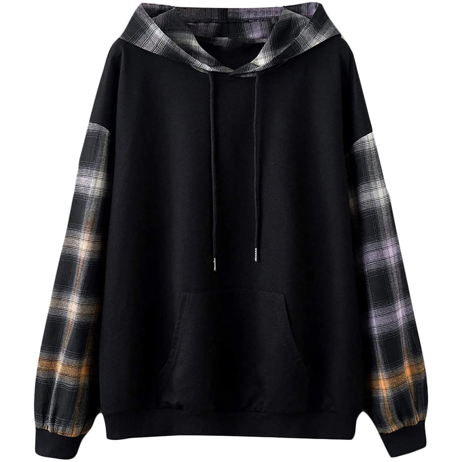 Womens Dark Black With Cheek Sleeve Embroidery Long Sleeve Drawstring Pullover Top Hoodie