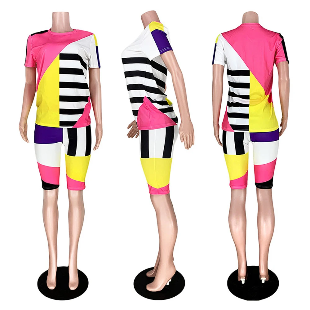 Новейшая модная дизайнерская женская разноцветная летняя одежда в стиле пэчворк 100% хлопок однотонные повседневные комплекты из Джерси