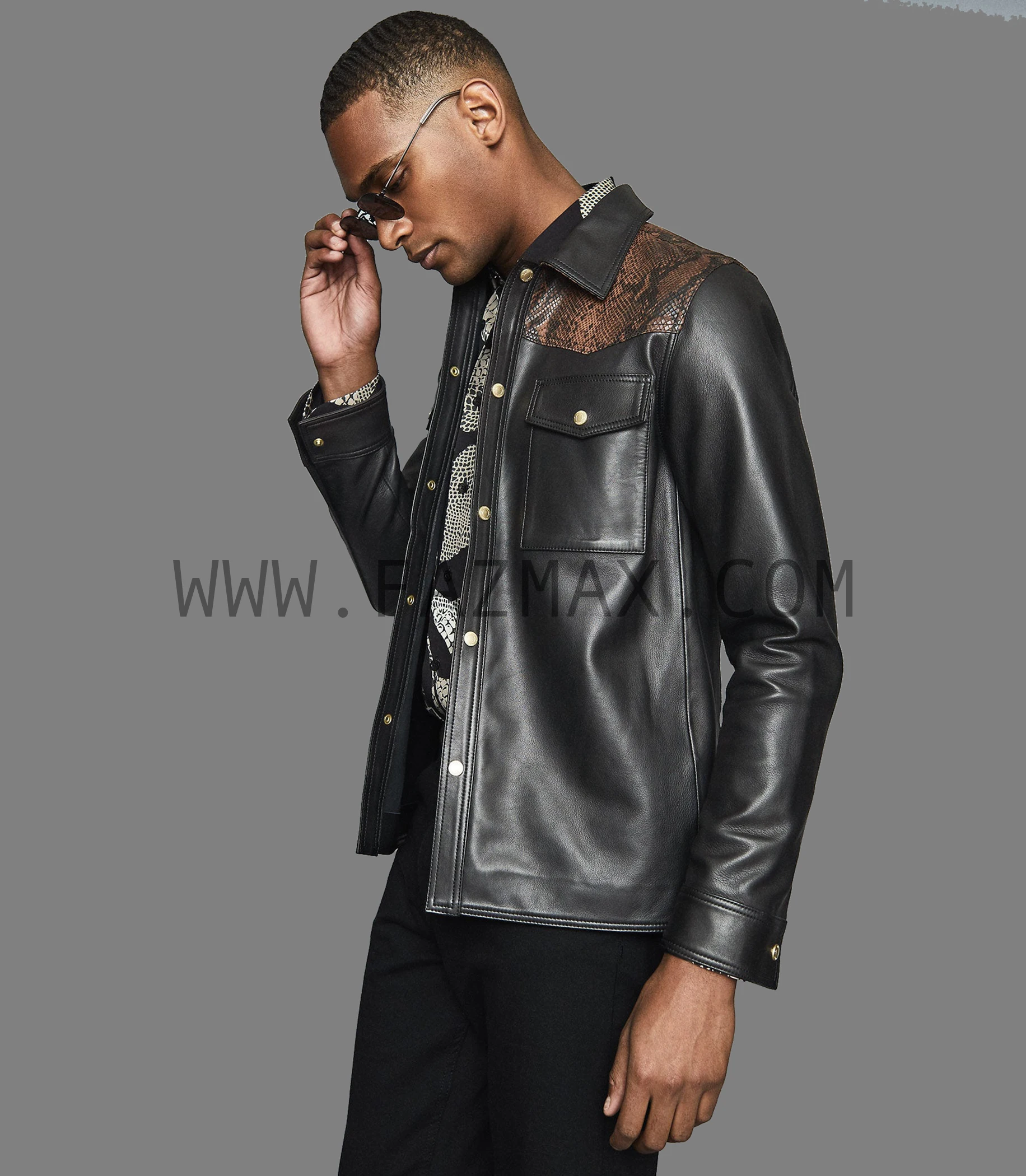 Mens Snake Print Shirt Style Leather Jacket 2024