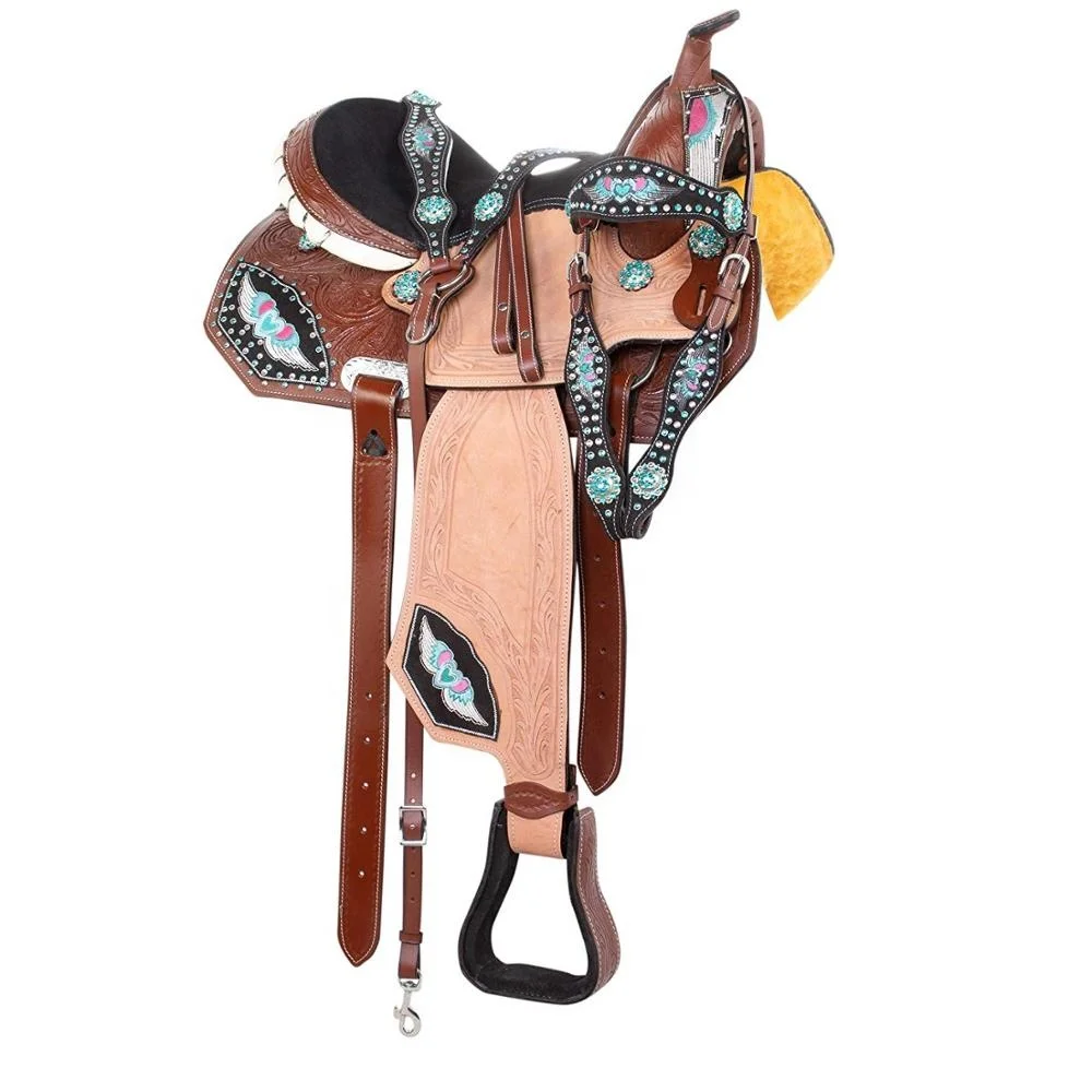 Western Show Turquoise Pink Heart Crystal Show Leather Horse Barrel Racing Saddle Set