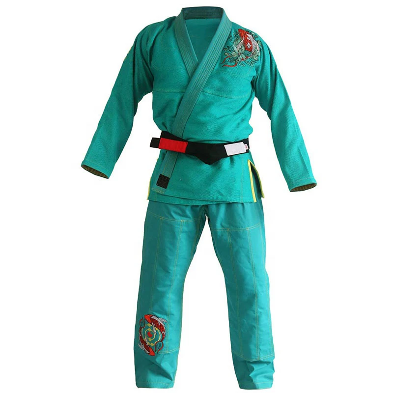 100% Cotton Made Jiu Jitsu Suits In Green Color Custom Embroidery Style Simple MMA Fighting / Training Sets