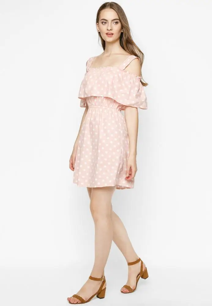 OEM/ODM manufacturer The fashionable women U-neck short sleeve slip off shoulder design dot print dress made in Vietnam