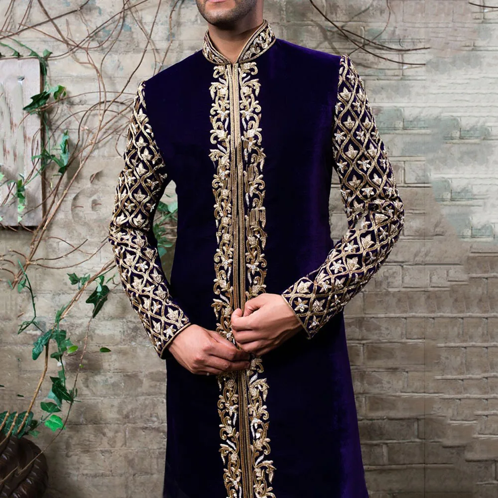 SIPO Luxury Muslim Male Stand Collar Long Sleeve Gold Outwear Islamic Arabic Abaya Turkish Robe Dubai Kaftan Clothing Man