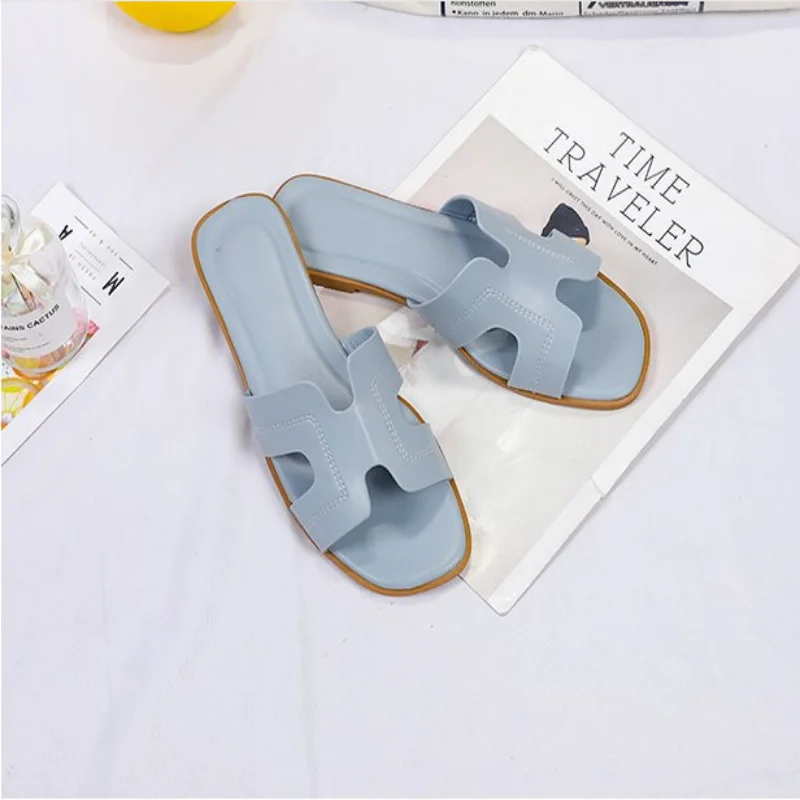 Ladies Shoes Flat Casual Fashion Designer Brand Slipper Pu Leather Women Beach Oran Sandals Outdoor Casual One Thong Slipper