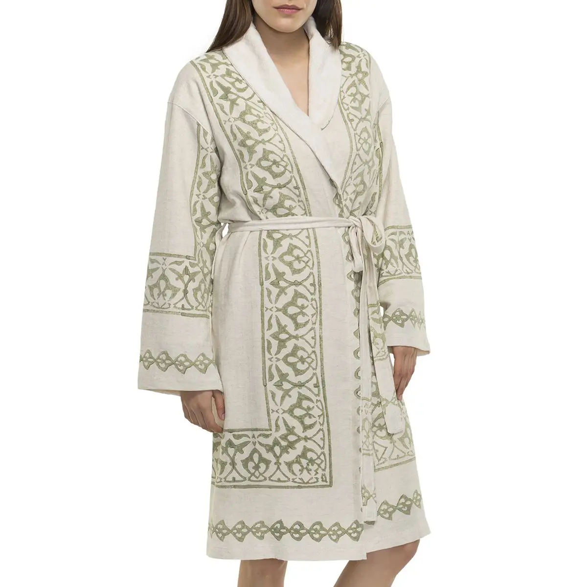 Bathrobe with Terry Lining Hand Printed Cotton High Quality with Towel Lining 70% Organic Cotton 30% Linen