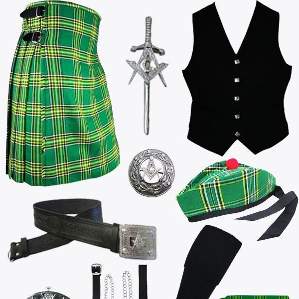 12 Pcs | Irish Tartan Deal Acrylic Kilts Outfit+Sporran+Kilt Belt+Fly Plaid+Brooch+Flasher+Pins+Waist Coat+Socks
