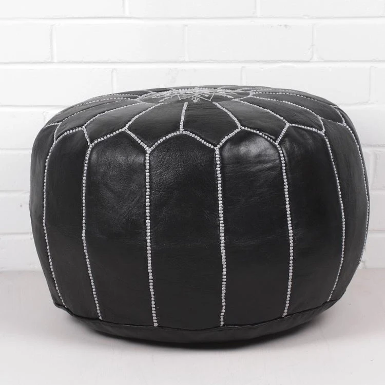 Handmade Moroccan Black Leather Pouf