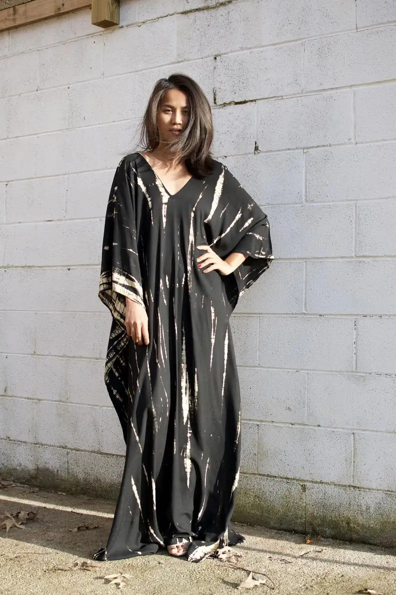 Tie Dye Kaftan Free Size Beachwear Women Dress Full Casual Dresses Trendy Adult Loose Support Tie Dye Color Blocking Rayon Dress