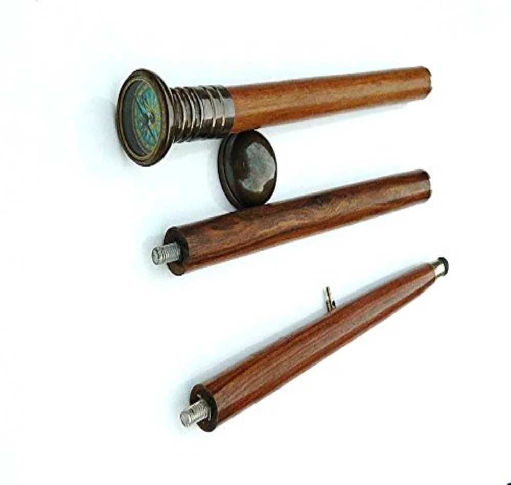 Handmade Antiqued Brass Compass Walking Stick Wood Cane Antiqued brass solid hardwood construction Fully functional compass