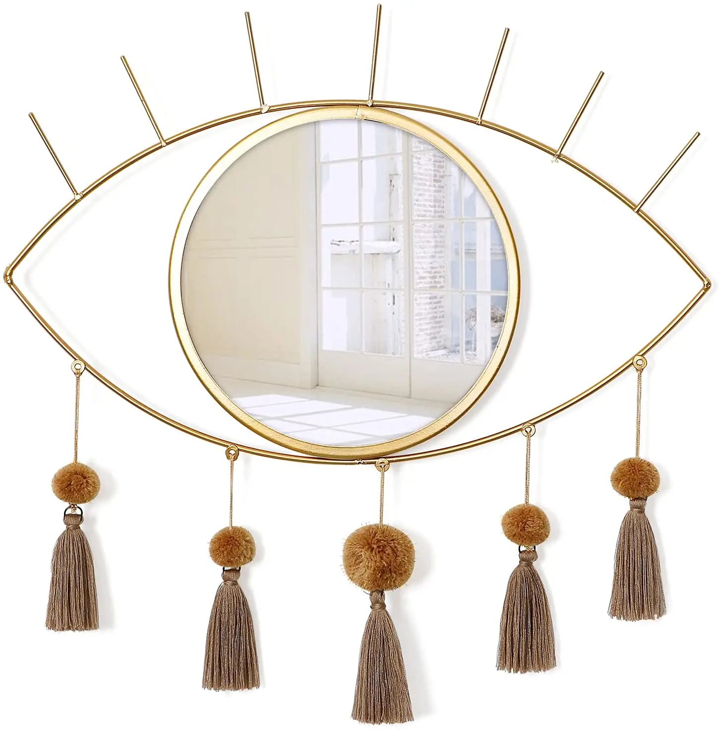 Boho Eye Wall Mirrors Decorative evil eye Metal Mirrors Gold Mirror with Tassels Great Wall Art for Bathroom Bedroom Living Room