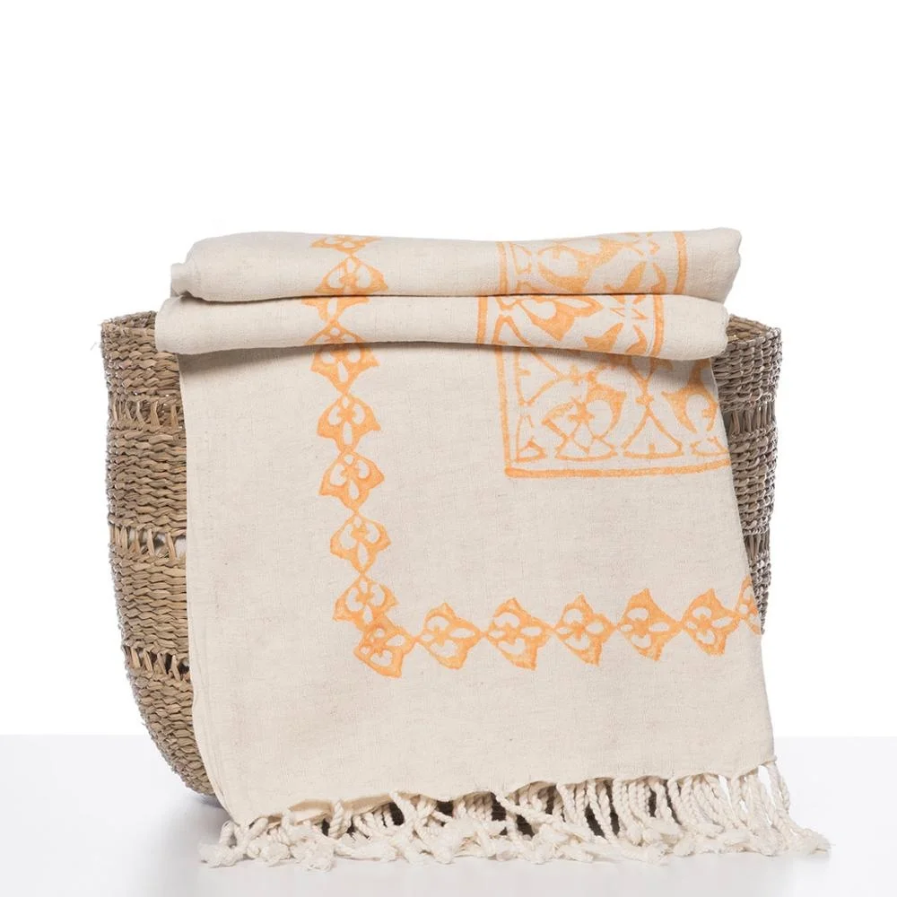 Sofa Cover Throw Hand Printed Hand Loomed Turkish Cotton 30% Linen 70% Cotton Woven Throw Blanket