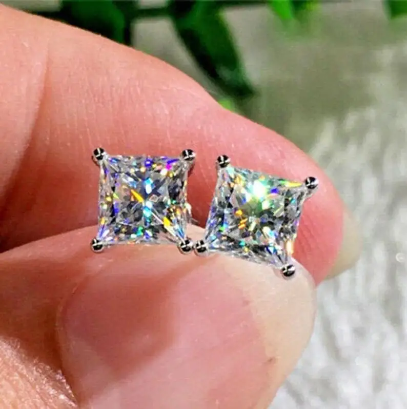 White Princess Cut Stud Earrings Screw Back Fastening For Women in Solid White Gold Affordable Price Gold Jewelry Manufacturer