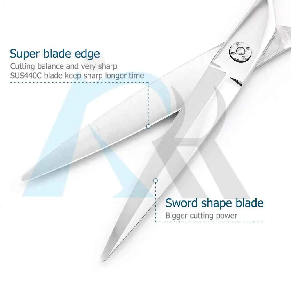Professional Hair Cutting Barber Scissors High Quality 440C Mirror HRC Customized Steel Stainless Logo Style Beauty Surface Pcs