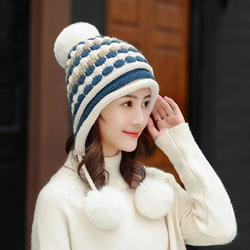 
Ladies 3 ball ear cap adult matching HAT knit cap 
