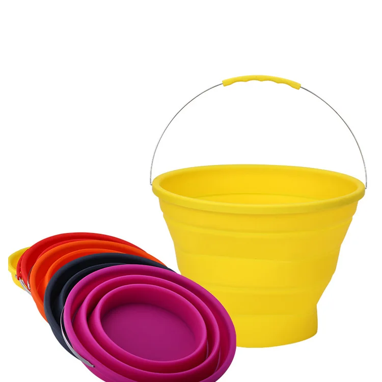 Portable camping square round pink 10l silicone water folding bucket