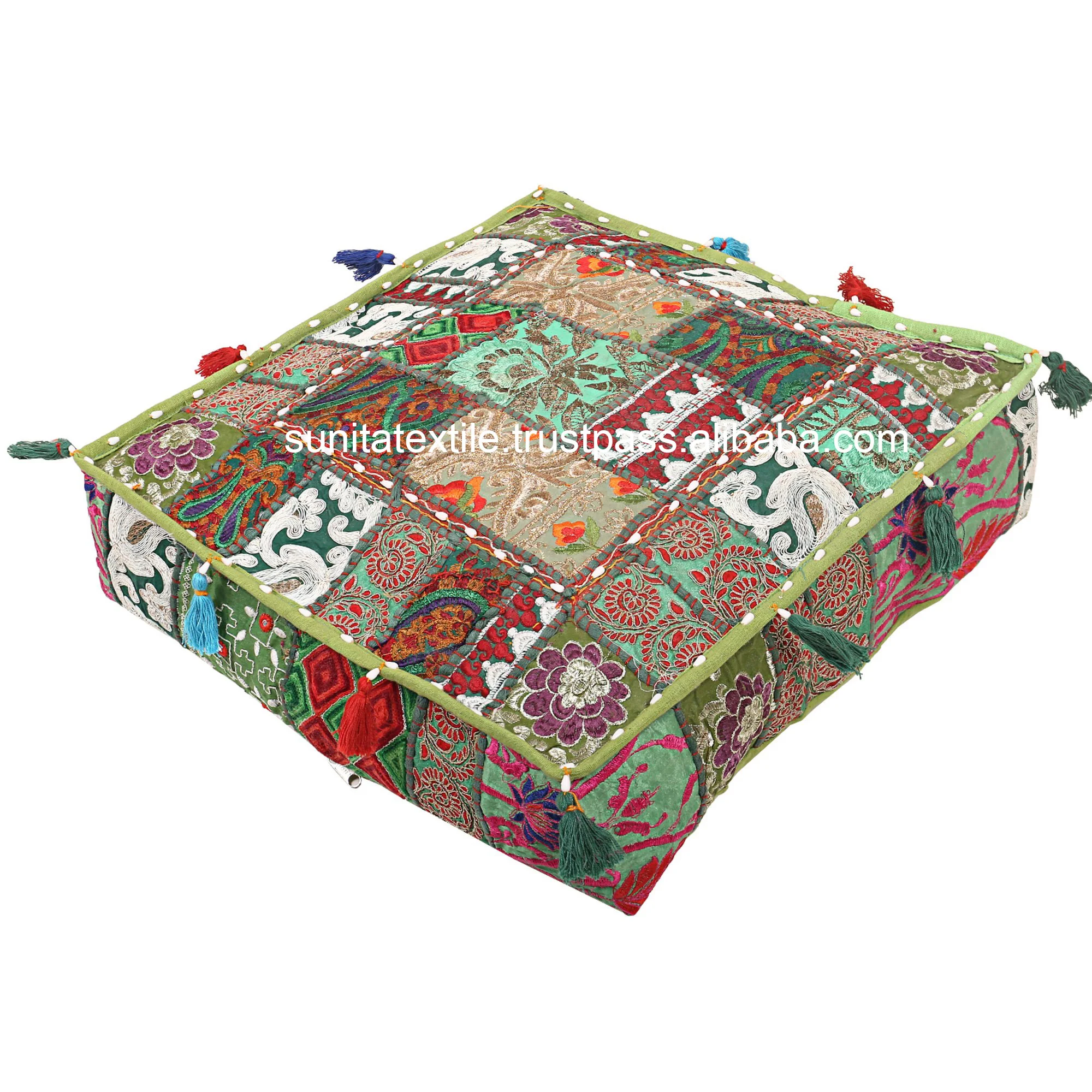 Indian Handmade Patchwork Outdoor Decorative Cushion Square Pillow 100% Cotton Embroidered Zafu Meditation Floor Pouf Dog Bed