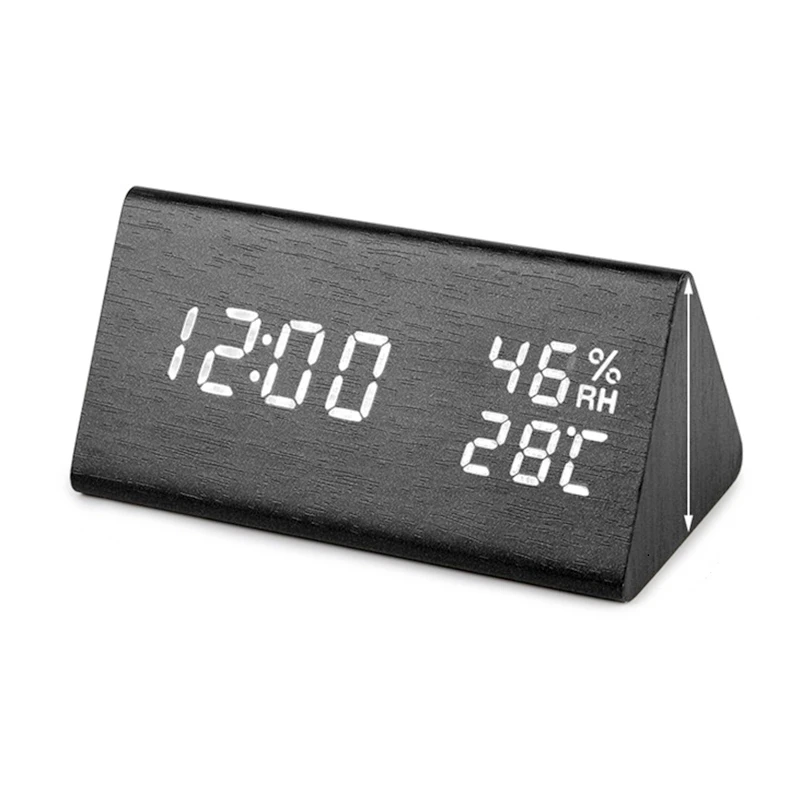 LED Digital Wooden Clock Sound Control Alarm Clock with Temperature Humidity