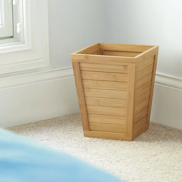 Wooden Bamboo Trash Can in square shape with open lid for home/office/bathroom/powder room in natural finishing in wholesale