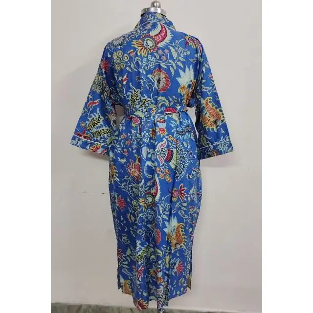 Синее кимоно Mukut с принтом сексуальный халат индийский хлопковый длинный Ночной костюм летняя одежда этническое Ночное платье пончо Макси-платье
