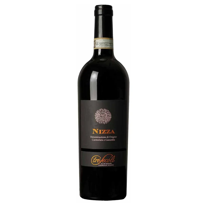 Dry red Italian great wine Nizza DOCG Tre Secoli from Piedmont aged in wood made with Barbera grapes 0,75L