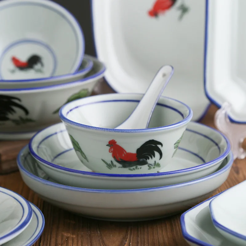 Jade-cer Vintage Hand-painted Cock Design Ceramic Dinnerware Set Porcelain Bowls Dishes & Plates
