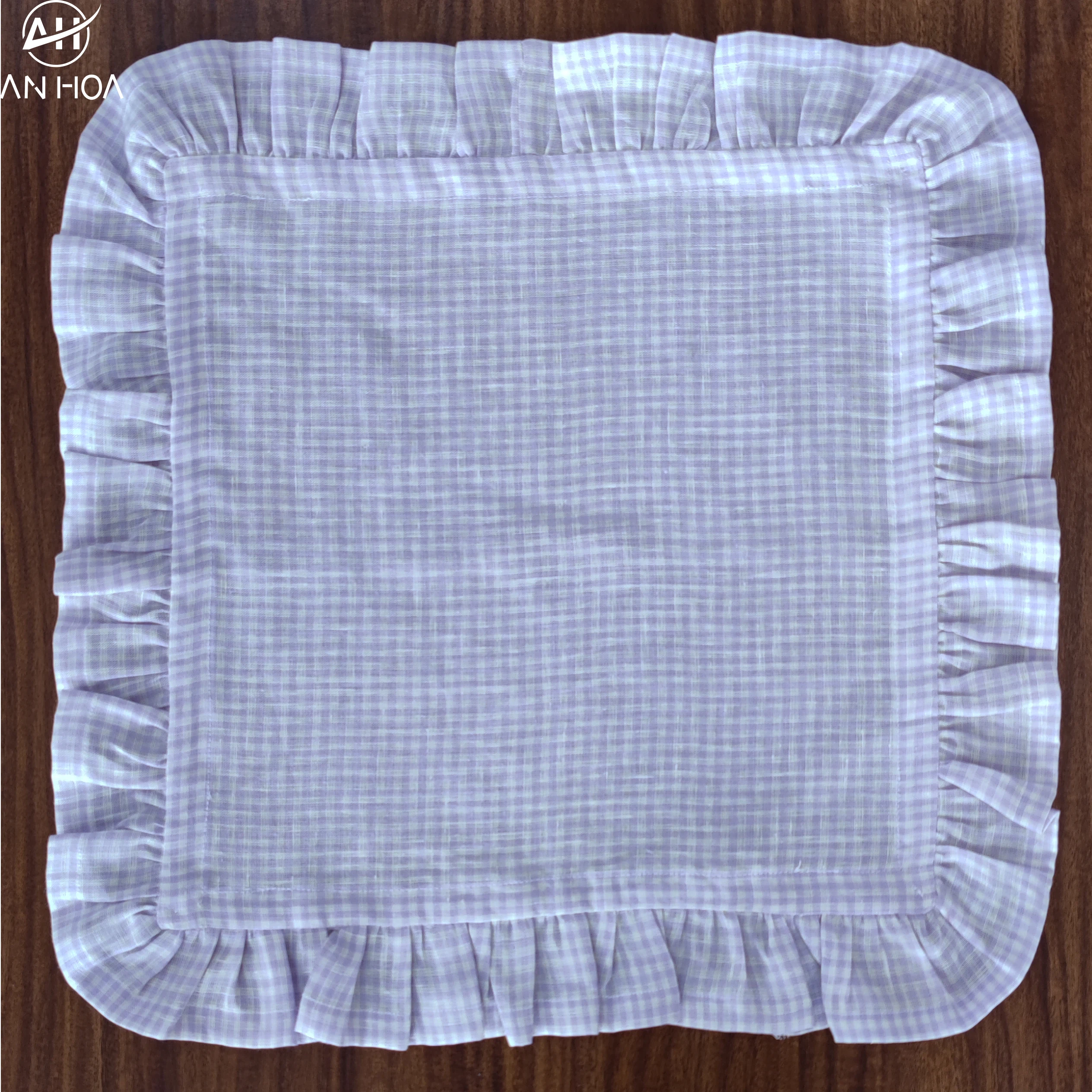 
Ruffled square 100% linen napkin, lavender gingham ruffle style 100% linen dinner napkin, 18