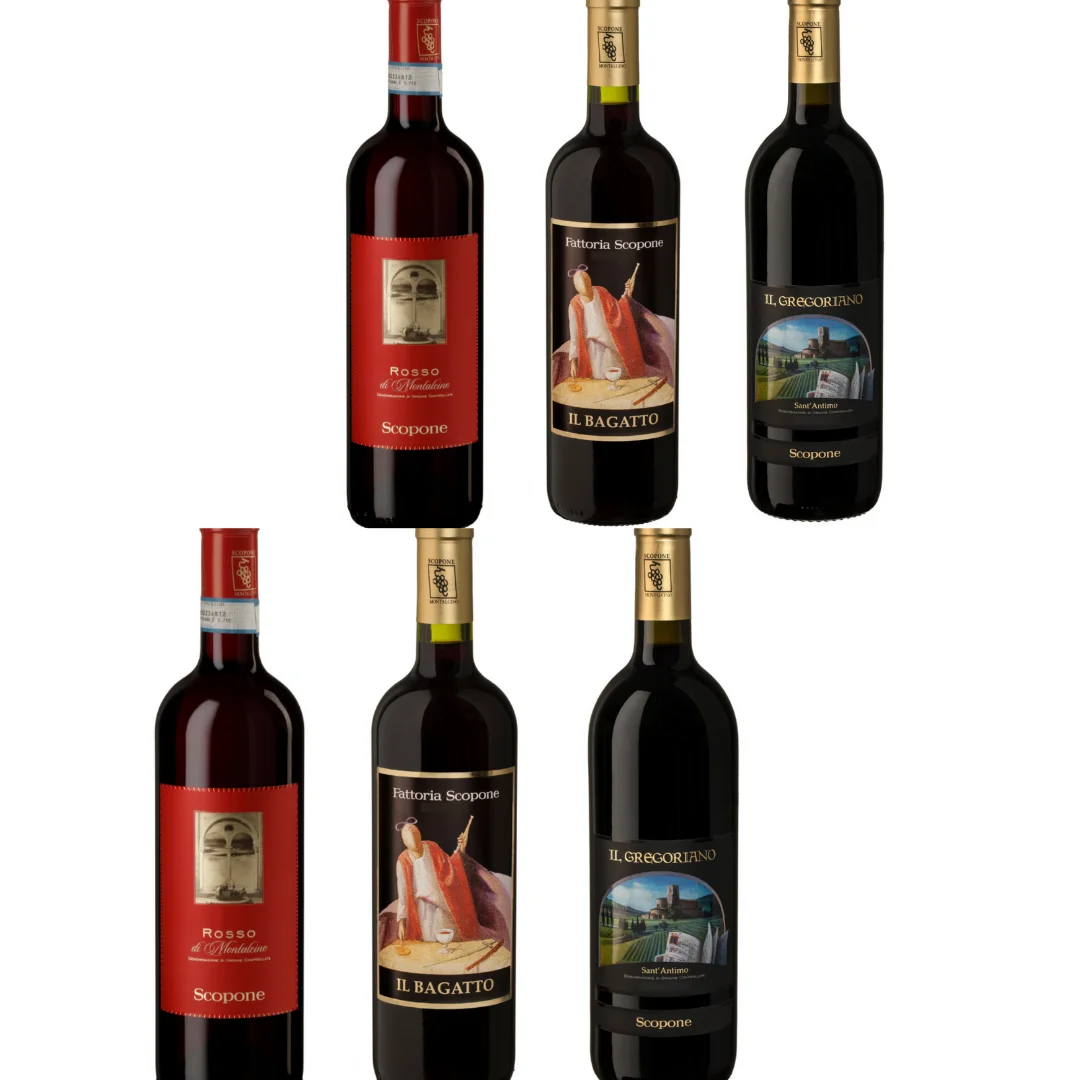 Высококачественные итальянские красные вины, набор из 6 бит с красным вином Красного красного цвета с ростом красного и Монтальчино 2019, Сант Антимо Ил грегориано и сигар Ил багатто