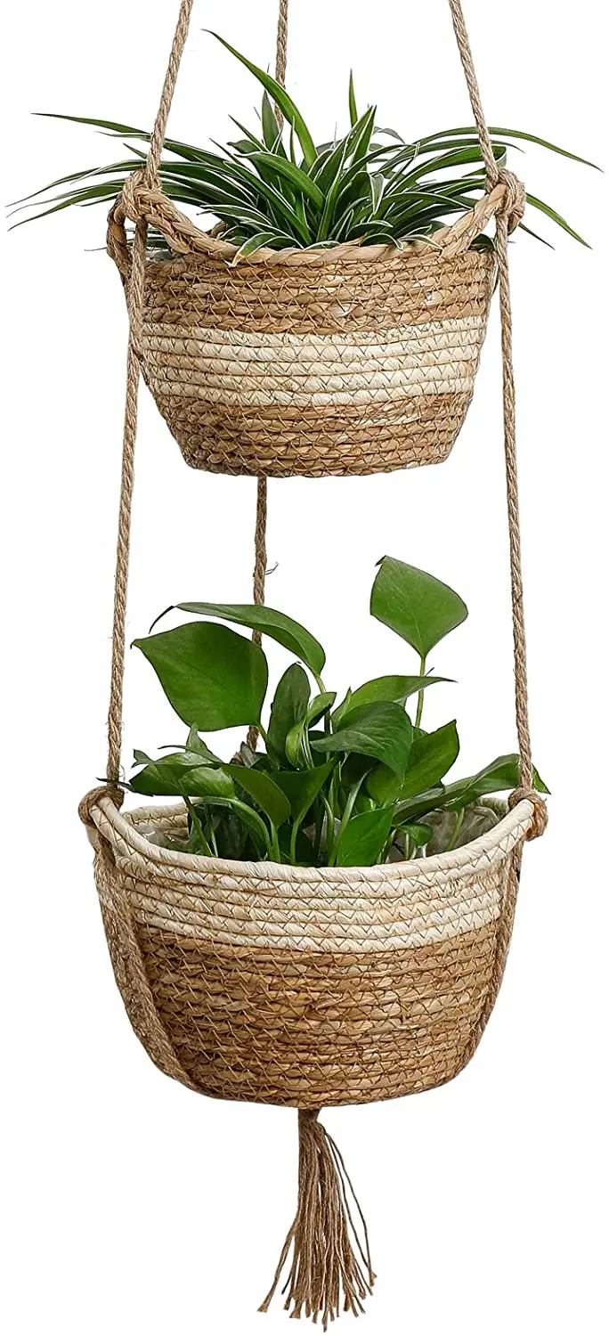 Seagrass Hanging Planters Basket Indoor Two Layers Flower Pot Storage Organizer with Waterproof Plastic Liner